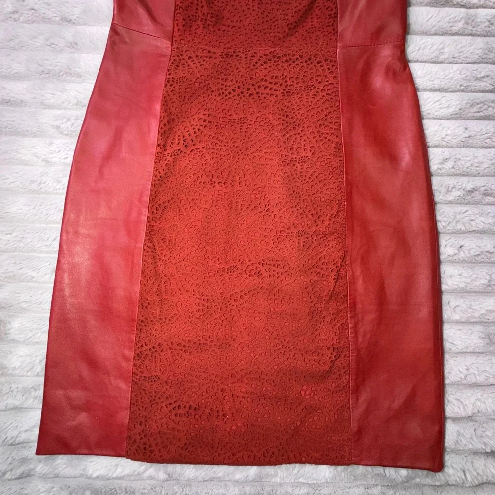 Vakko Women's 2 Red Leather Laser Cut Lace Front Sheath Dress Sleeveless 90s